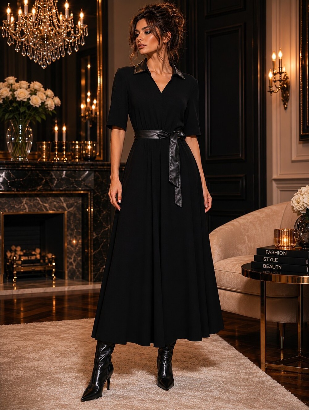 NWT MSK Pleather Collared Sash Belted Midi Black Stretch Dress M